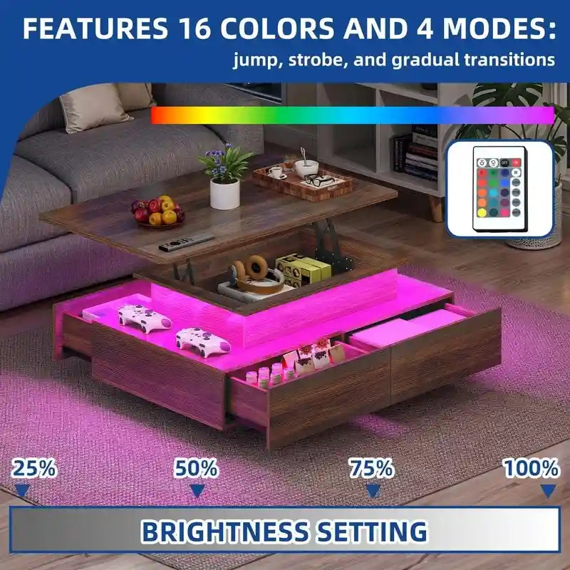 Table basse Moasis moderne et brillante avec tiroirs et lumières LED pour le salon