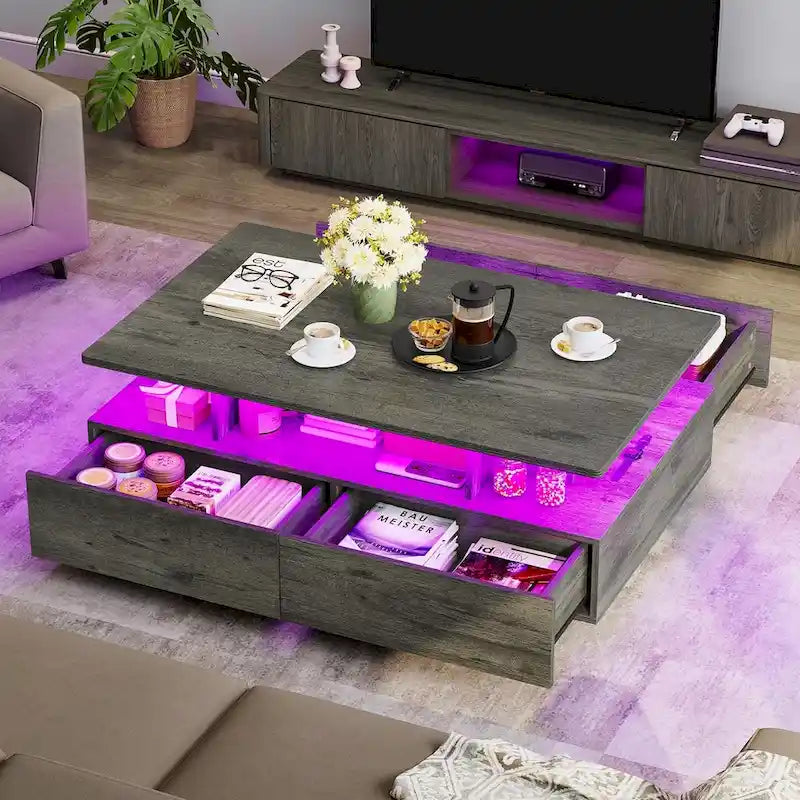 Table basse Moasis moderne et brillante avec tiroirs et lumières LED pour le salon