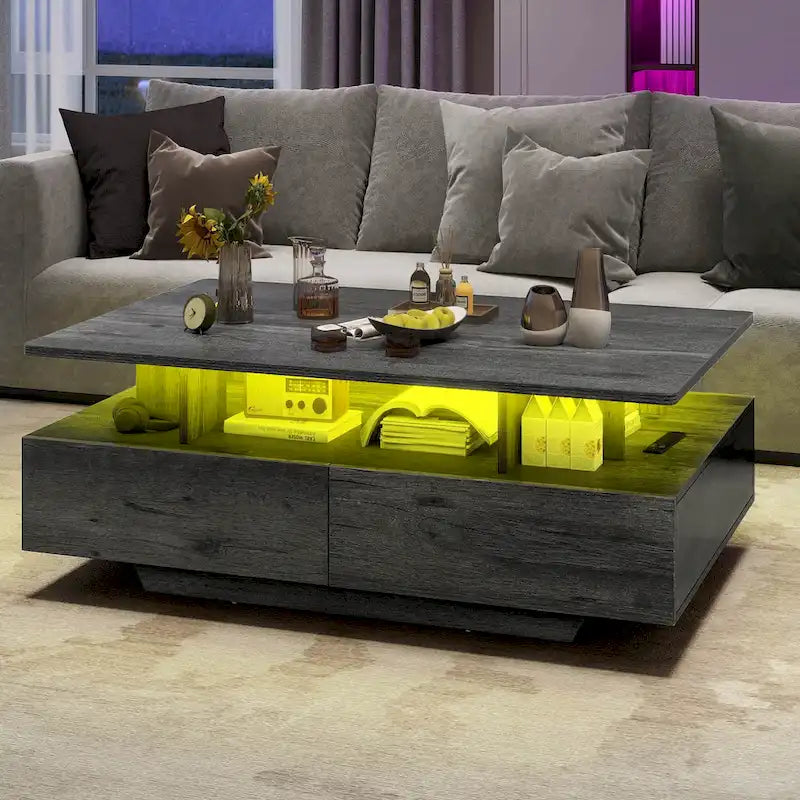 Table basse Moasis moderne et brillante avec tiroirs et lumières LED pour le salon