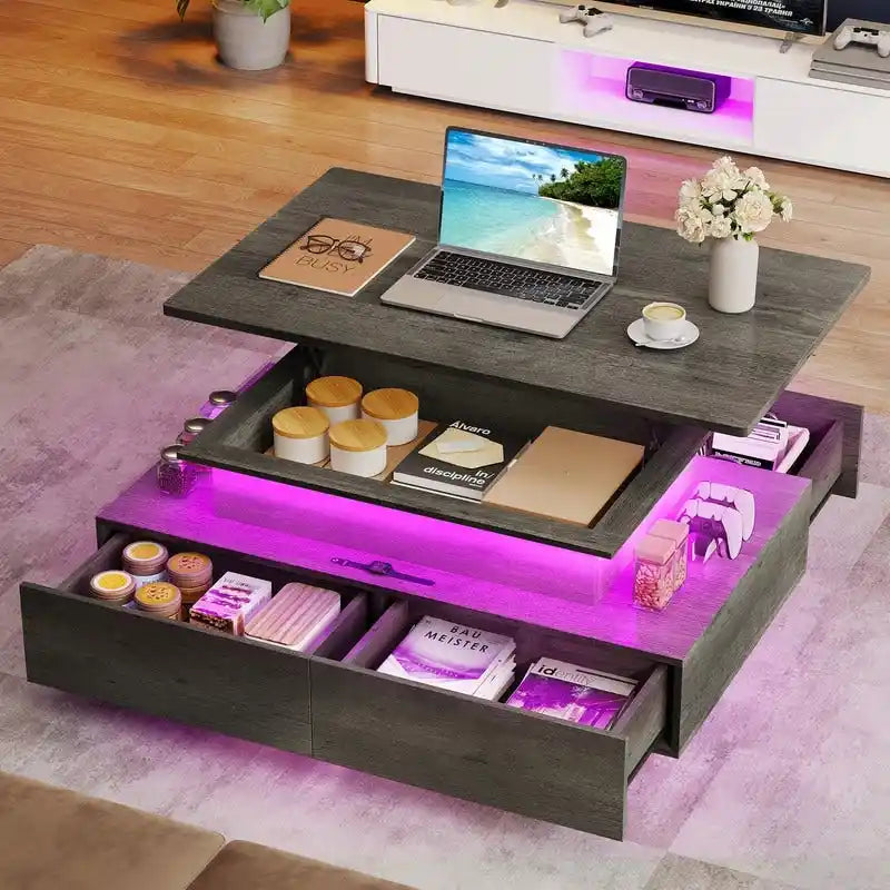 Table basse Moasis moderne et brillante avec tiroirs et lumières LED pour le salon