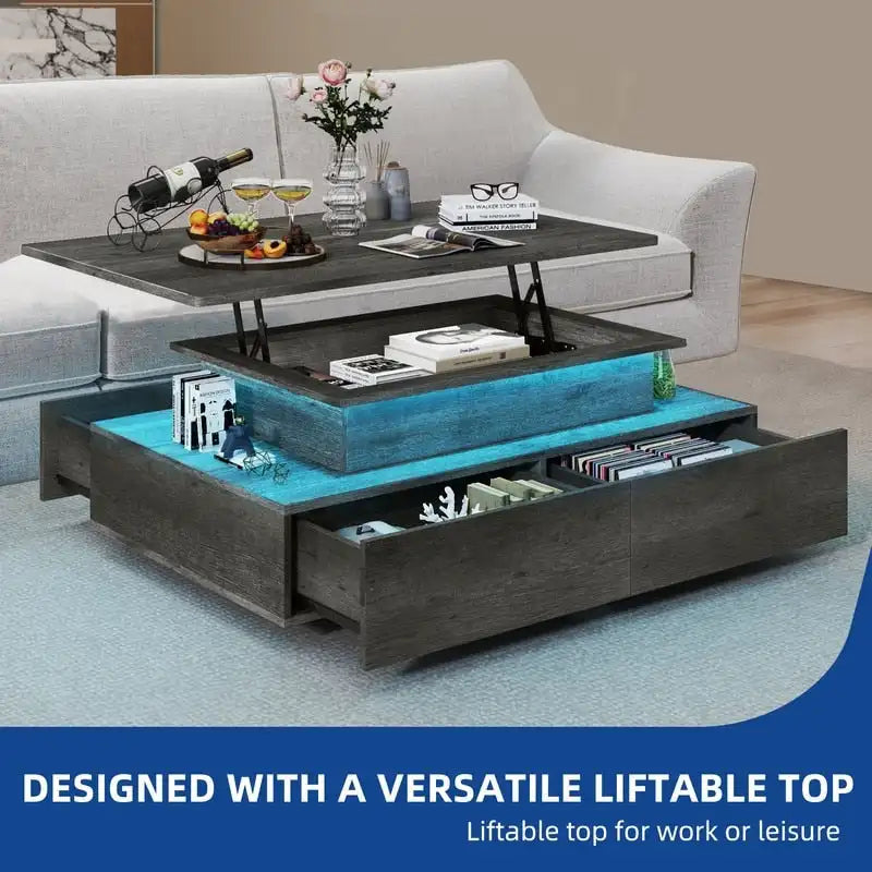 Table basse Moasis moderne et brillante avec tiroirs et lumières LED pour le salon