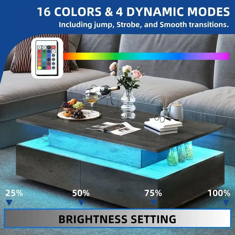 Table basse Moasis moderne et brillante avec tiroirs et lumières LED pour le salon