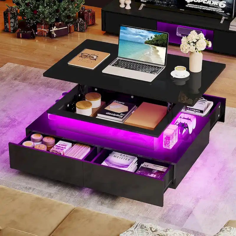 Table basse Moasis moderne et brillante avec tiroirs et lumières LED pour le salon