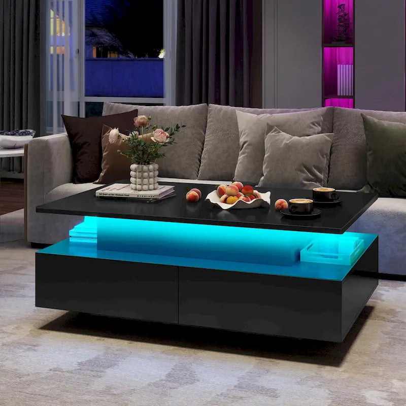 Table basse Moasis moderne et brillante avec tiroirs et lumières LED pour le salon