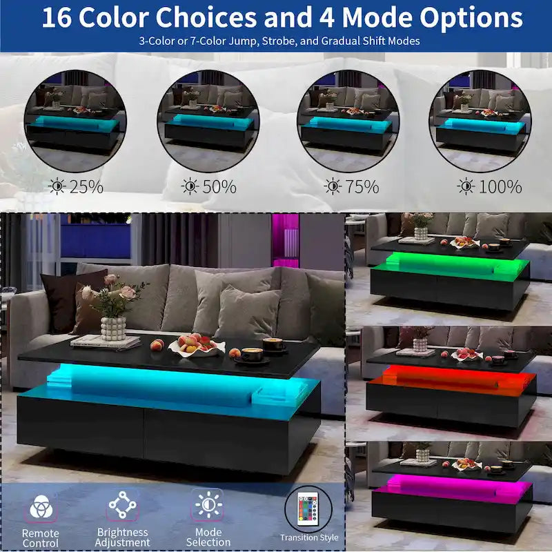 Table basse Moasis moderne et brillante avec tiroirs et lumières LED pour le salon