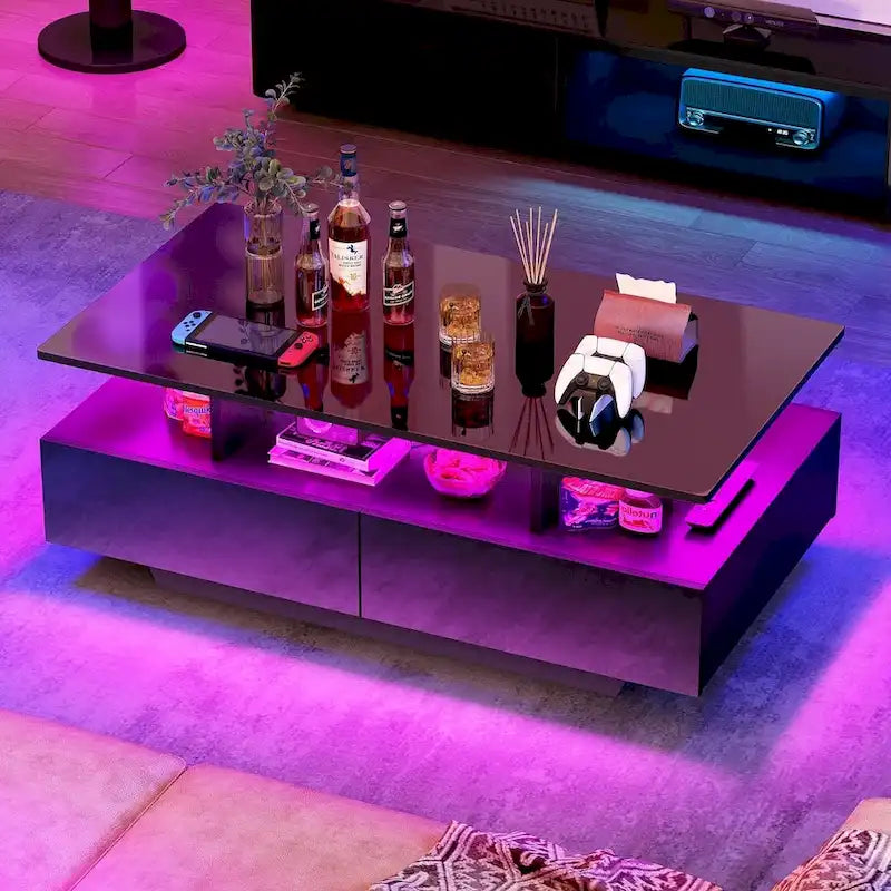 Table basse Moasis moderne et brillante avec tiroirs et lumières LED pour le salon