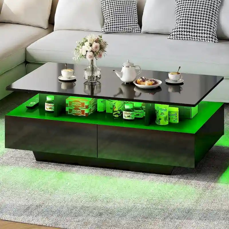 Table basse Moasis moderne et brillante avec tiroirs et lumières LED pour le salon