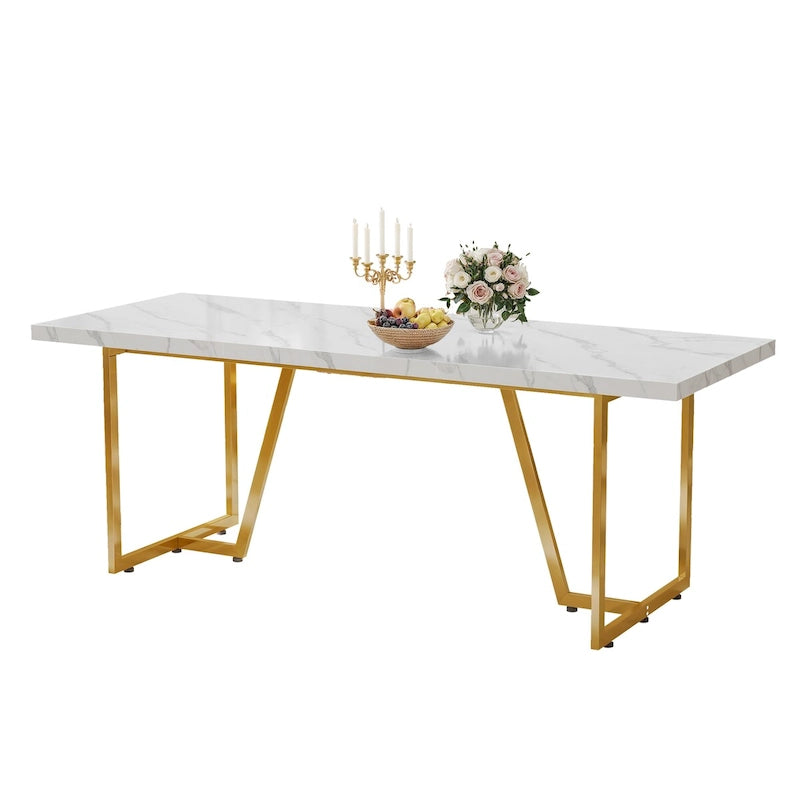 Grande Table à Manger Moasis 82 pour 6-8 Personnes avec Plateau en Faux Marbre et Pieds en Métal