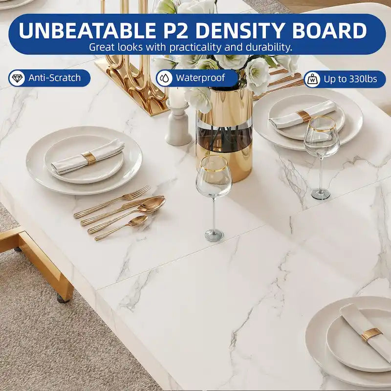 Grande Table à Manger Moasis 82 pour 6-8 Personnes avec Plateau en Faux Marbre et Pieds en Métal