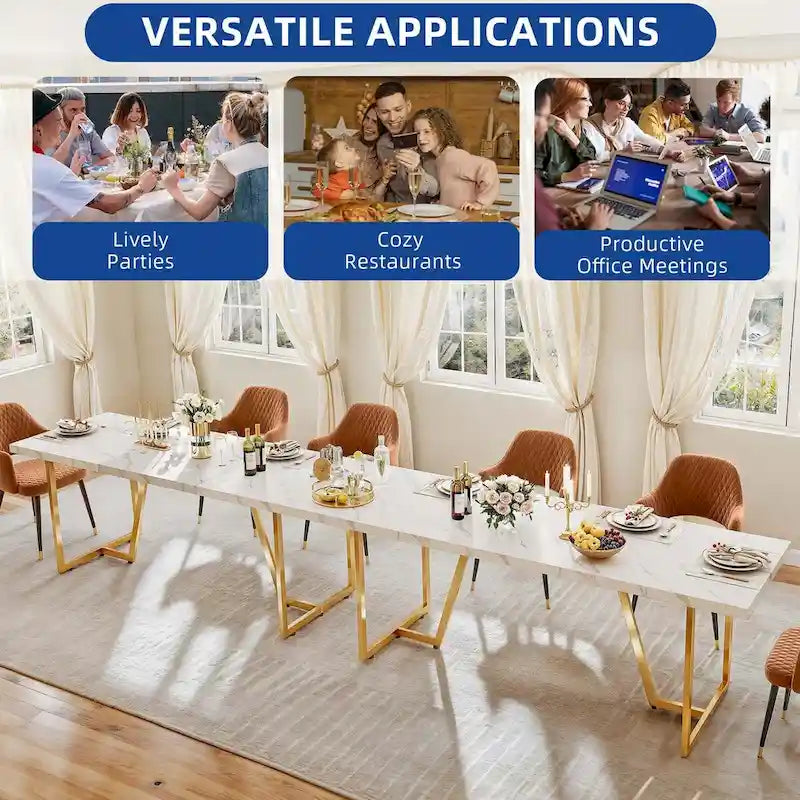 Grande Table à Manger Moasis 82 pour 6-8 Personnes avec Plateau en Faux Marbre et Pieds en Métal