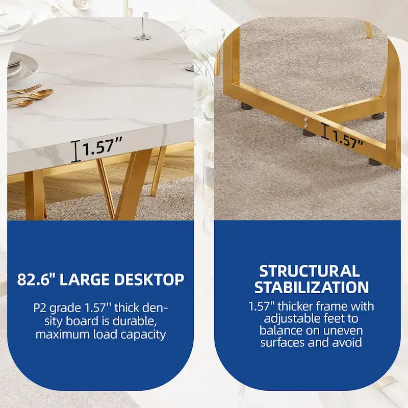 Grande Table à Manger Moasis 82 pour 6-8 Personnes avec Plateau en Faux Marbre et Pieds en Métal