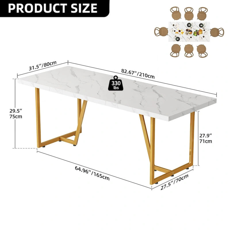 Grande Table à Manger Moasis 82 pour 6-8 Personnes avec Plateau en Faux Marbre et Pieds en Métal