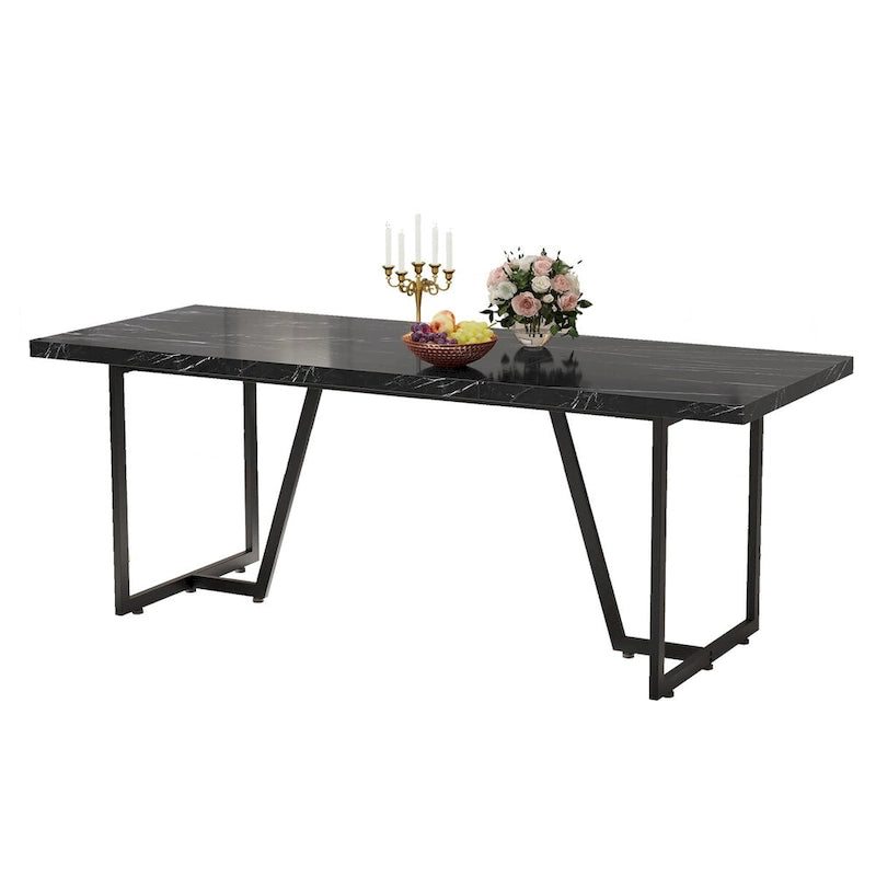 Grande Table à Manger Moasis 82 pour 6-8 Personnes avec Plateau en Faux Marbre et Pieds en Métal