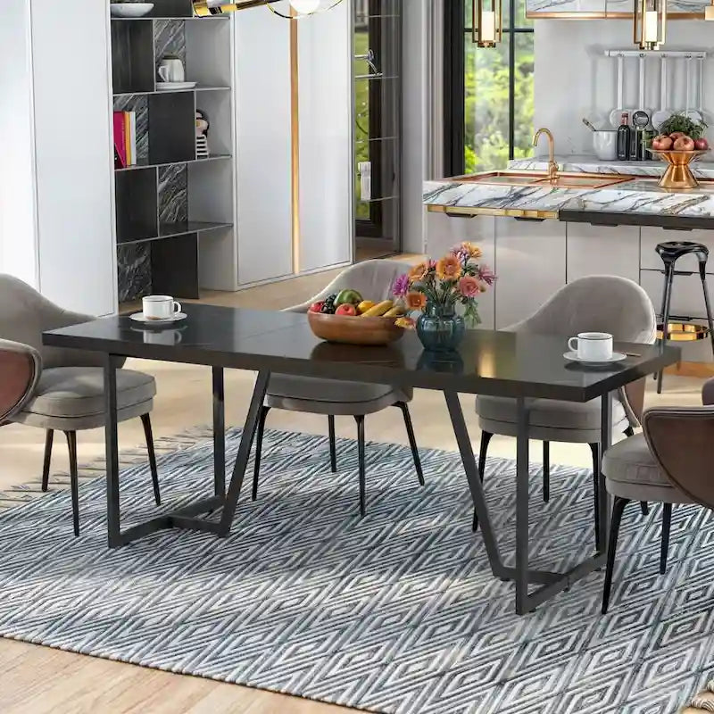 Grande Table à Manger Moasis 82 pour 6-8 Personnes avec Plateau en Faux Marbre et Pieds en Métal