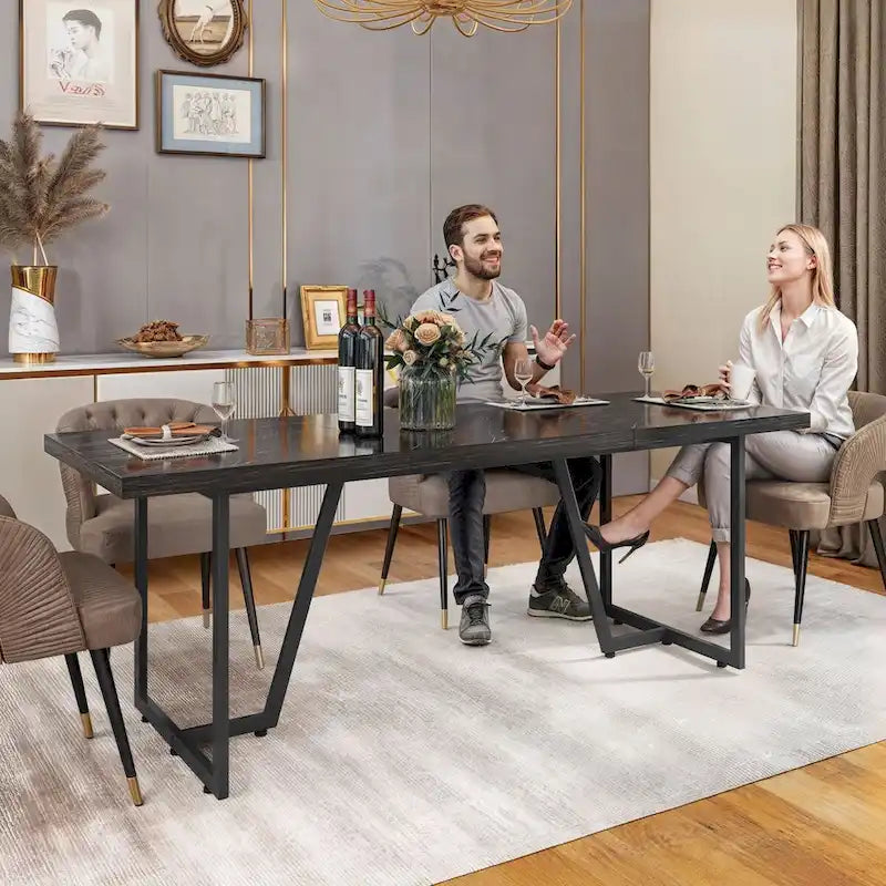 Grande Table à Manger Moasis 82 pour 6-8 Personnes avec Plateau en Faux Marbre et Pieds en Métal