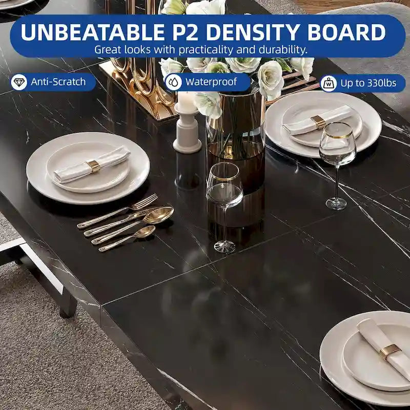 Grande Table à Manger Moasis 82 pour 6-8 Personnes avec Plateau en Faux Marbre et Pieds en Métal
