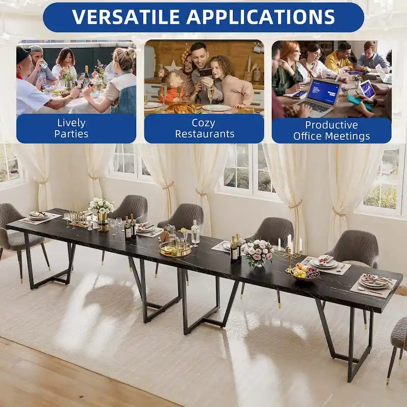 Grande Table à Manger Moasis 82 pour 6-8 Personnes avec Plateau en Faux Marbre et Pieds en Métal