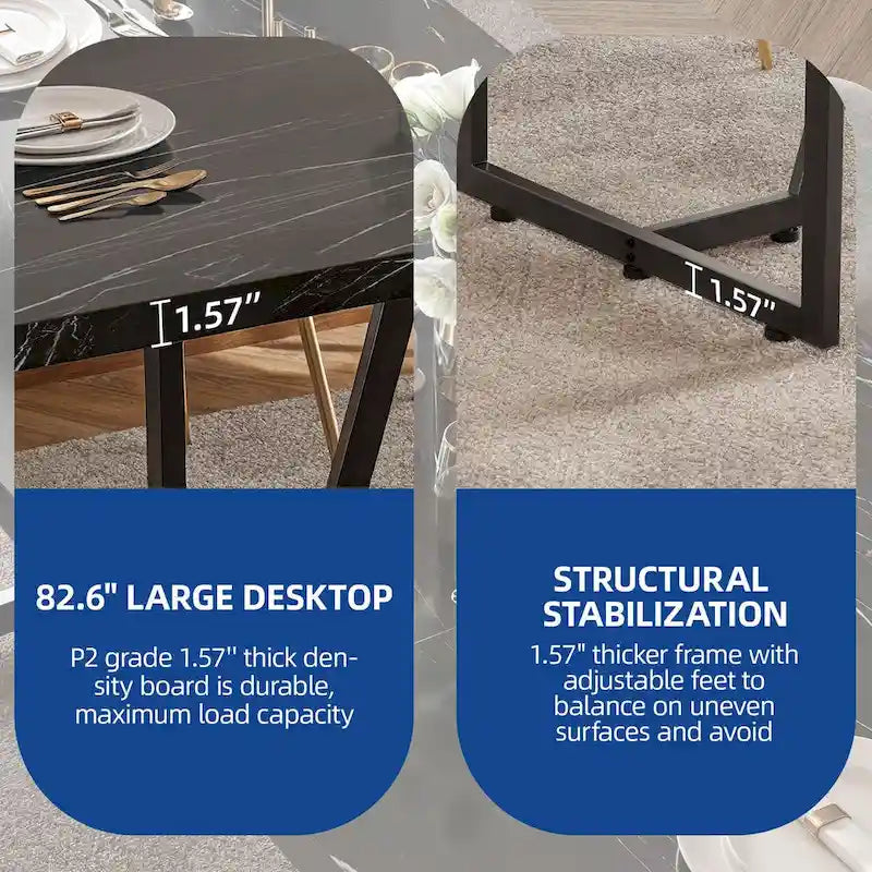 Grande Table à Manger Moasis 82 pour 6-8 Personnes avec Plateau en Faux Marbre et Pieds en Métal