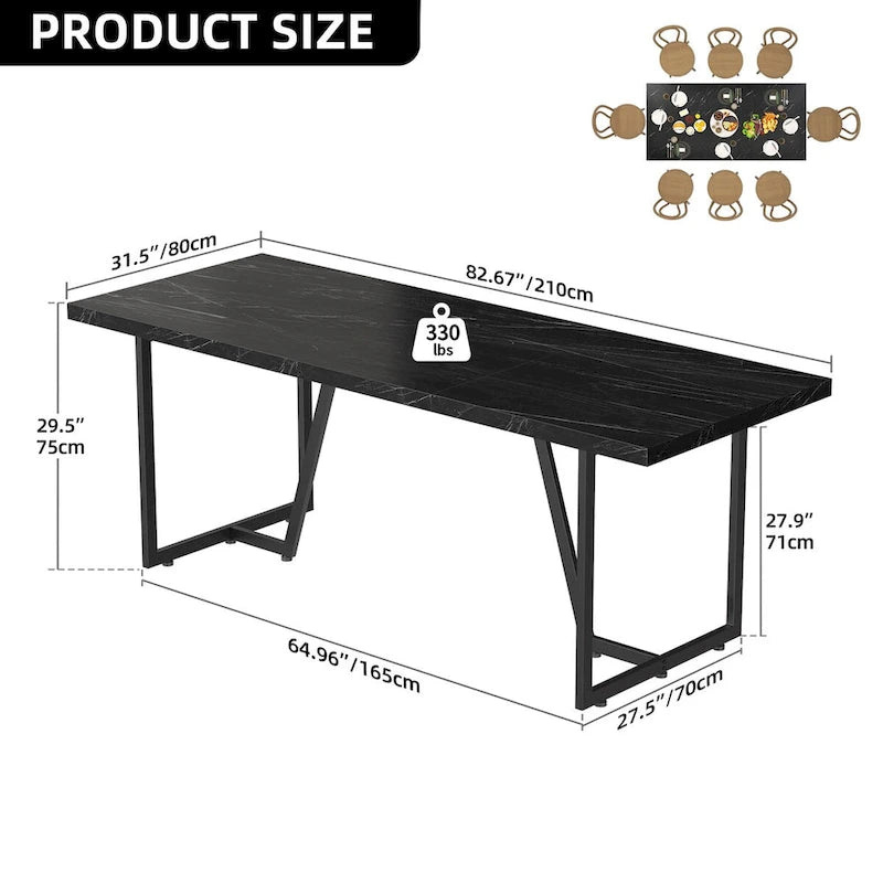 Grande Table à Manger Moasis 82 pour 6-8 Personnes avec Plateau en Faux Marbre et Pieds en Métal