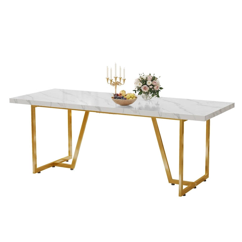 Grande Table à Manger Moasis 82 pour 6-8 Personnes avec Plateau en Faux Marbre et Pieds en Métal