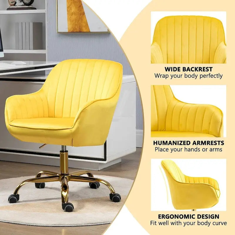 Chaise de bureau pivotante à 360 degrés en velours moderne avec base dorée