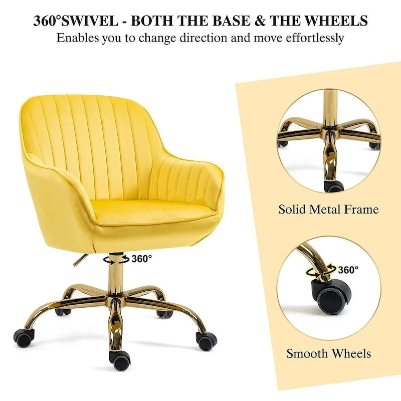 Chaise de bureau pivotante à 360 degrés en velours moderne avec base dorée
