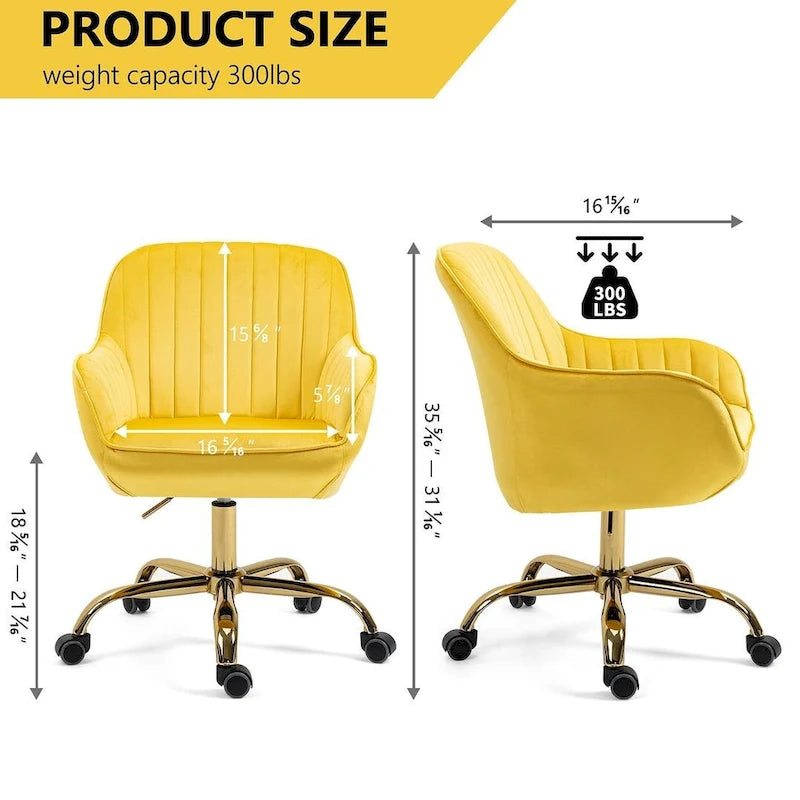 Chaise de bureau pivotante à 360 degrés en velours moderne avec base dorée
