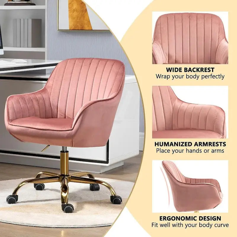 Chaise de bureau pivotante à 360 degrés en velours moderne avec base dorée