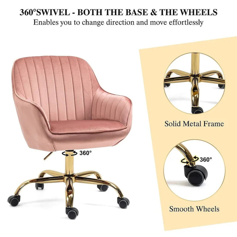 Chaise de bureau pivotante à 360 degrés en velours moderne avec base dorée