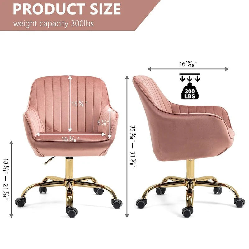 Chaise de bureau pivotante à 360 degrés en velours moderne avec base dorée