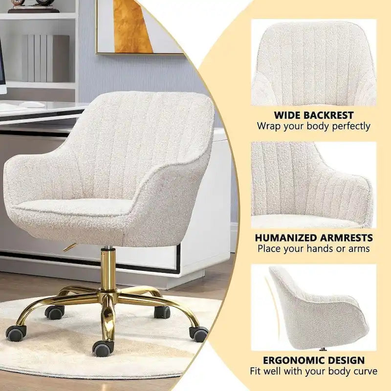 Chaise de bureau pivotante à 360 degrés en velours moderne avec base dorée