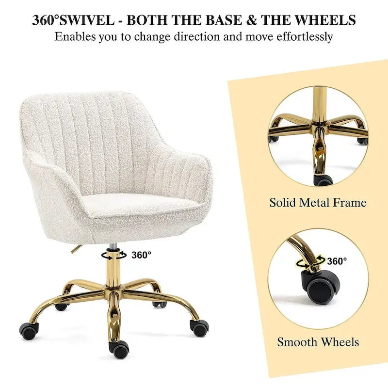 Chaise de bureau pivotante à 360 degrés en velours moderne avec base dorée