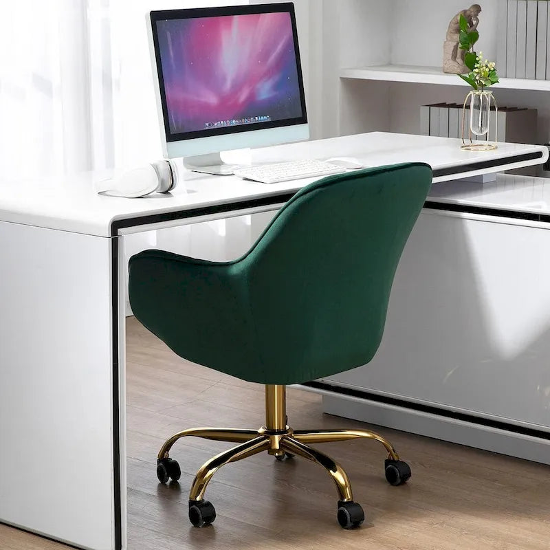 Chaise de bureau pivotante à 360 degrés en velours moderne avec base dorée