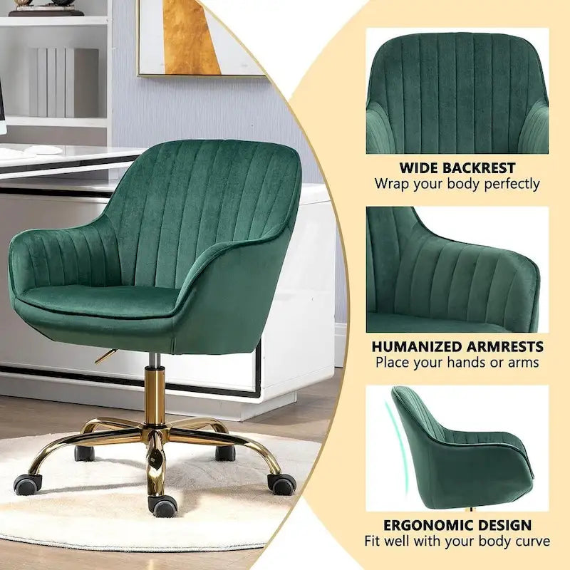 Chaise de bureau pivotante à 360 degrés en velours moderne avec base dorée