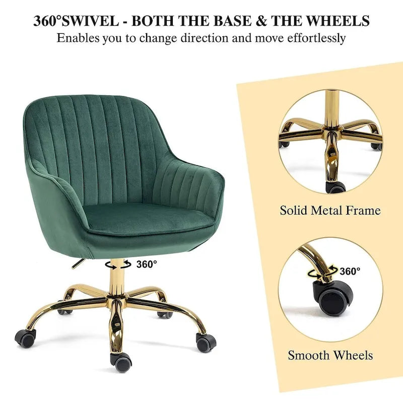 Chaise de bureau pivotante à 360 degrés en velours moderne avec base dorée