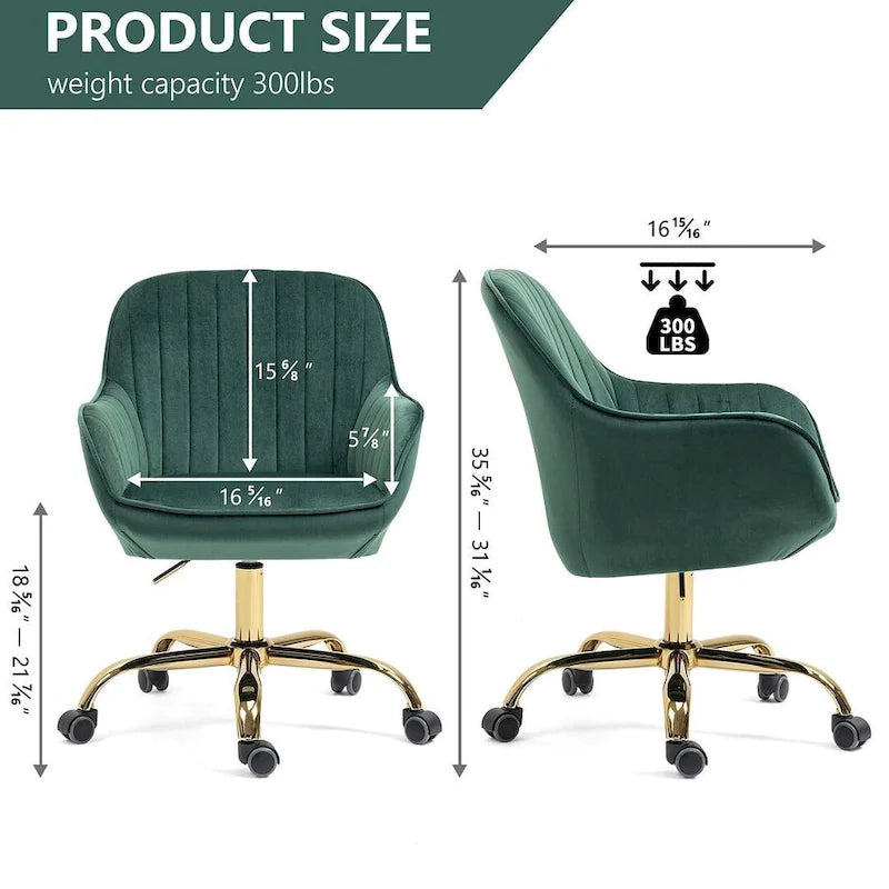 Chaise de bureau pivotante à 360 degrés en velours moderne avec base dorée