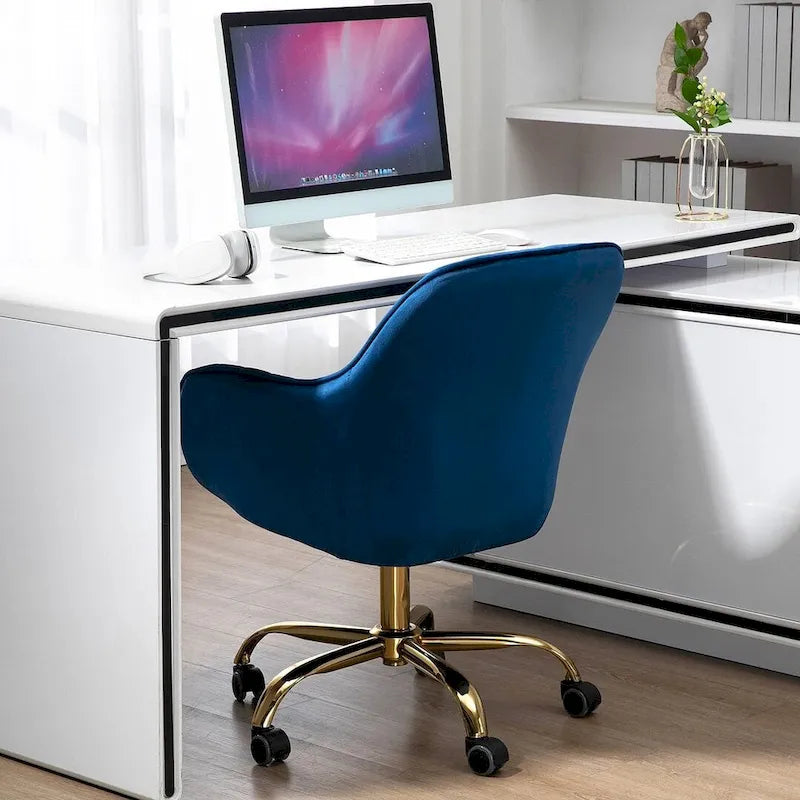 Chaise de bureau pivotante à 360 degrés en velours moderne avec base dorée