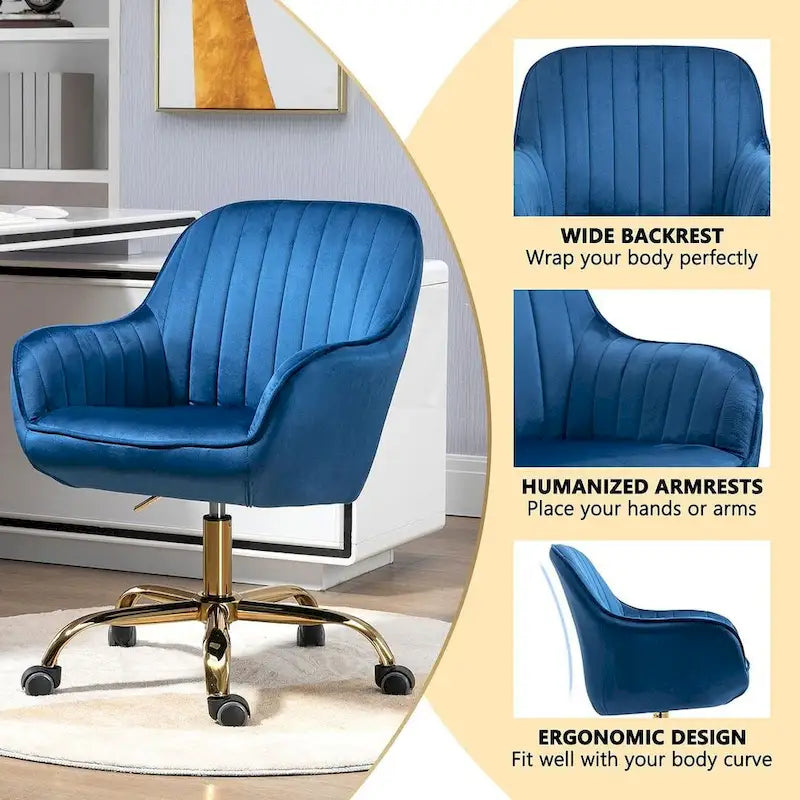 Chaise de bureau pivotante à 360 degrés en velours moderne avec base dorée