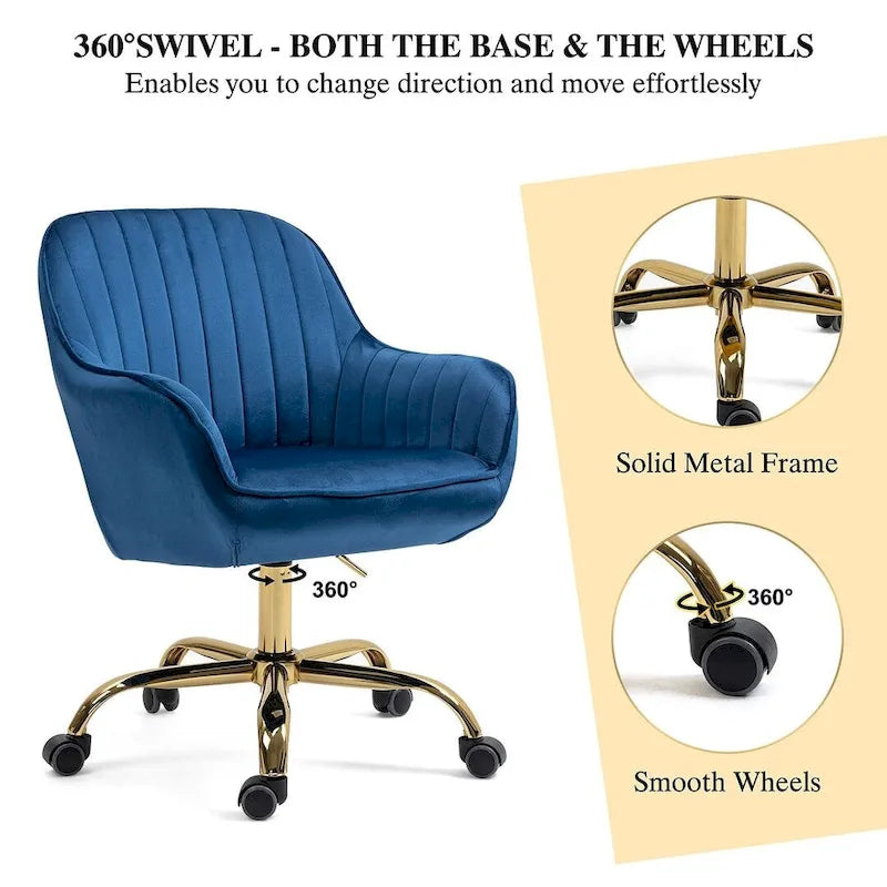 Chaise de bureau pivotante à 360 degrés en velours moderne avec base dorée