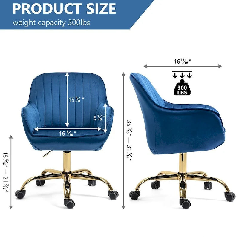 Chaise de bureau pivotante à 360 degrés en velours moderne avec base dorée