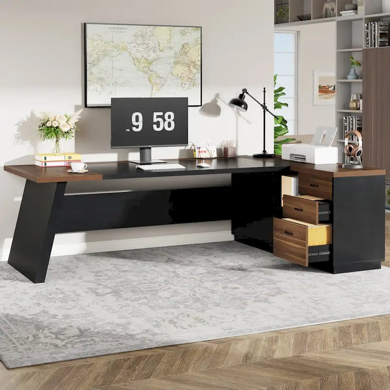 Bureau d'ordinateur de direction en L de 199,9 cm avec classeur