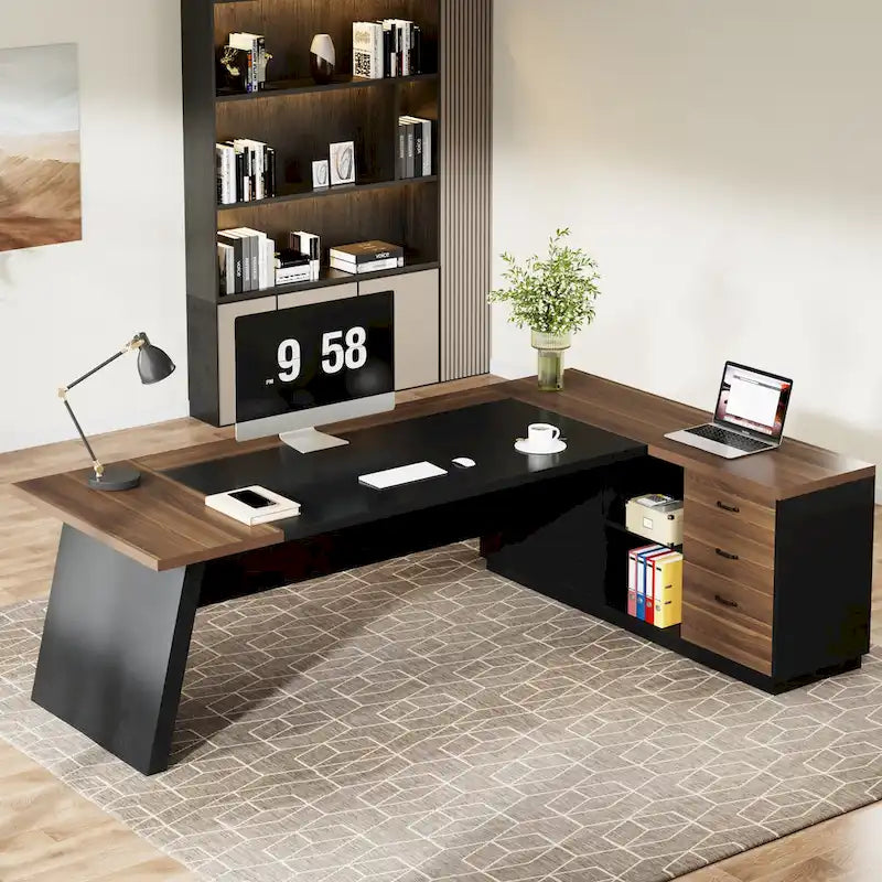 Bureau d'ordinateur de direction en L de 199,9 cm avec classeur