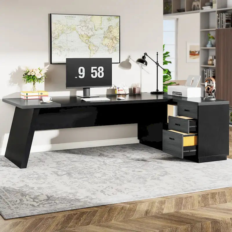Bureau d'ordinateur de direction en L de 199,9 cm avec classeur
