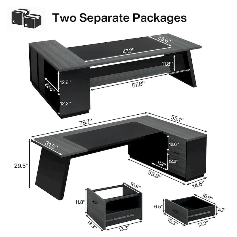 Bureau d'ordinateur de direction en L de 199,9 cm avec classeur