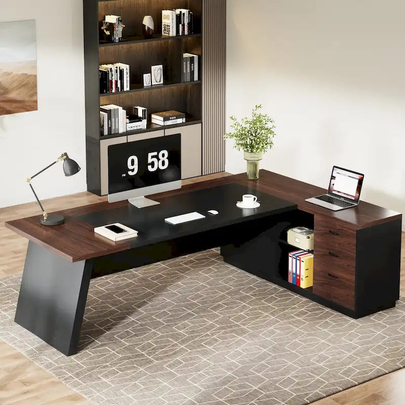 Bureau d'ordinateur de direction en L de 199,9 cm avec classeur