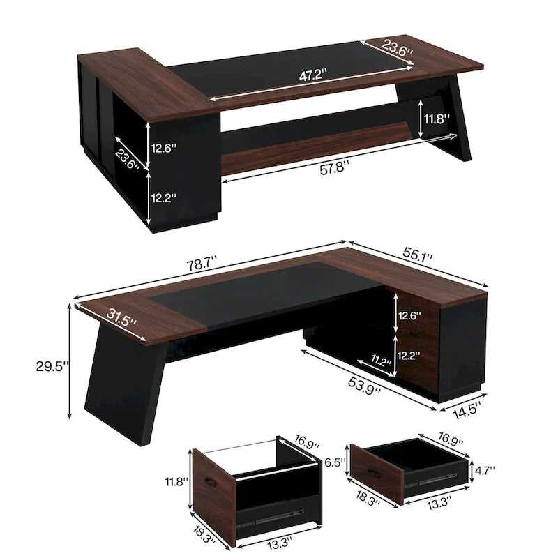 Bureau d'ordinateur de direction en L de 199,9 cm avec classeur
