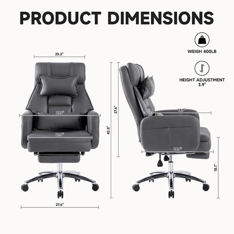 Chaise de bureau ergonomique pivotante, dossier haut avec appui-tête et soutien lombaire, chaise de patron confortable pour sédentaire, inclinable à 155°
