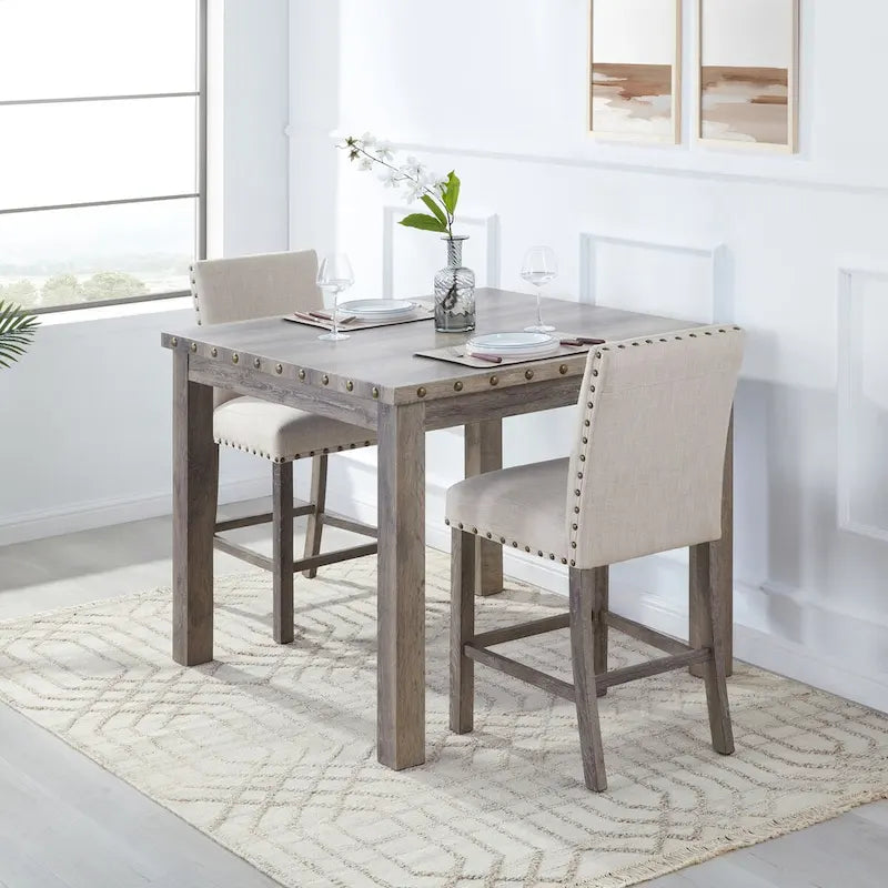Morden Fort Farmhouse Style 3-piece Square Bar Table Set, 2 Upholstered Counter Stools with Bar Table Dining Set