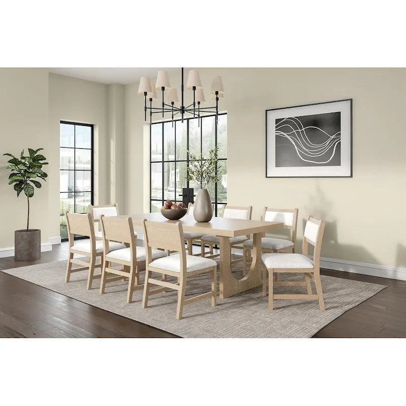 Table de cuisine rectangulaire moderne en bois avec huit chaises, Table à manger et huit sièges, Marron clair