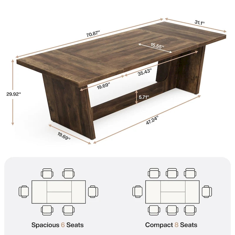 Table de salle à manger de grande ferme de 70,87 po pour 6-8 personnes, marron